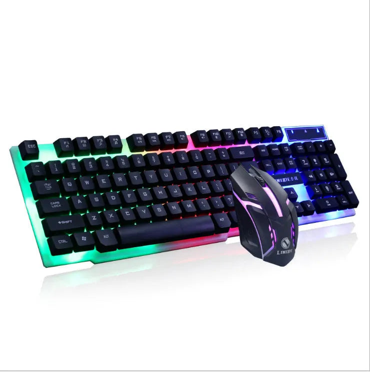 Limei GTX300 white RGB backlit gaming keyboard and mouse set on a desktop