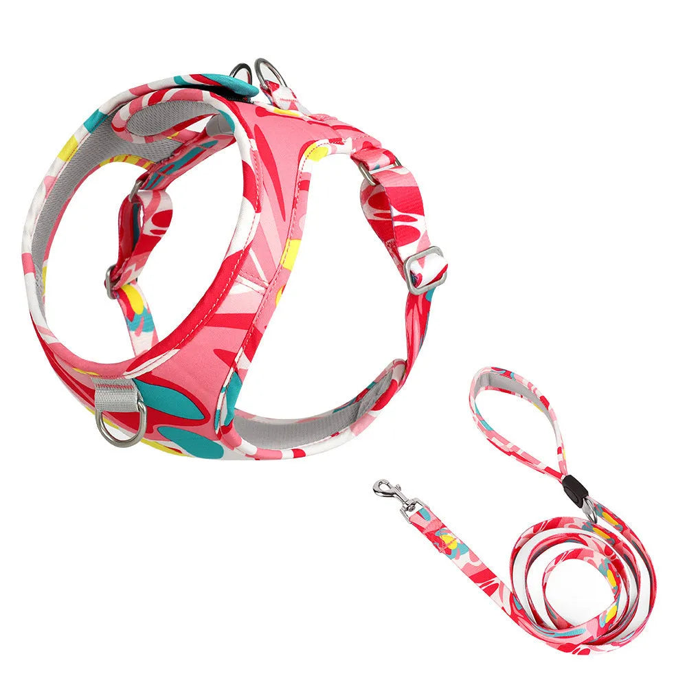 Printed breathable polyester pet harness suit in red flower camouflage with matching traction rope for small dogs