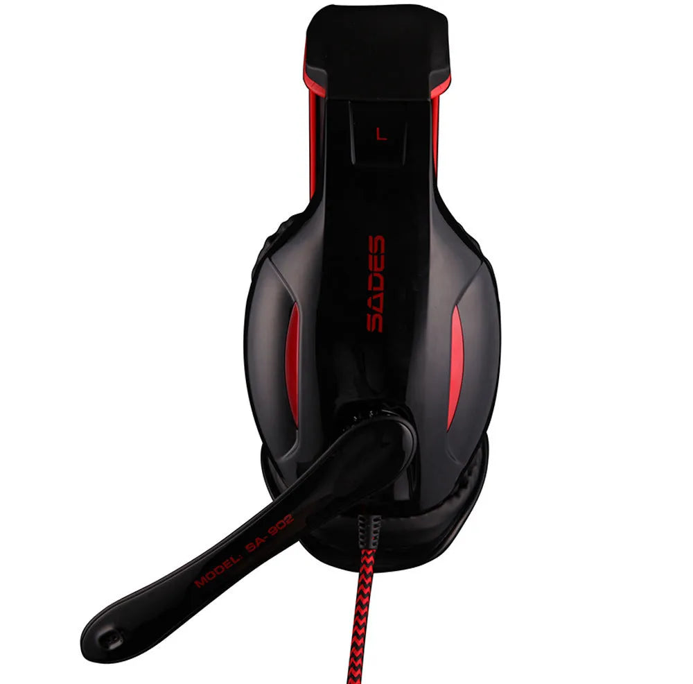 Black SADES SA 902 wired USB gaming headset for PC with over-ear cups and adjustable headband.