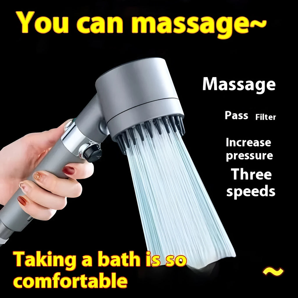 Portable ABS plastic shower head with third gear adjustment for spray, massage, and rain settings.