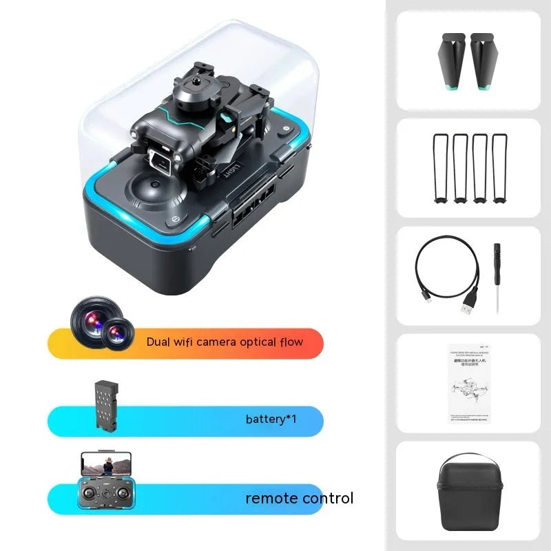 S96-black mini drone with 4K single camera on a table showing plastic four-axis design and compact size