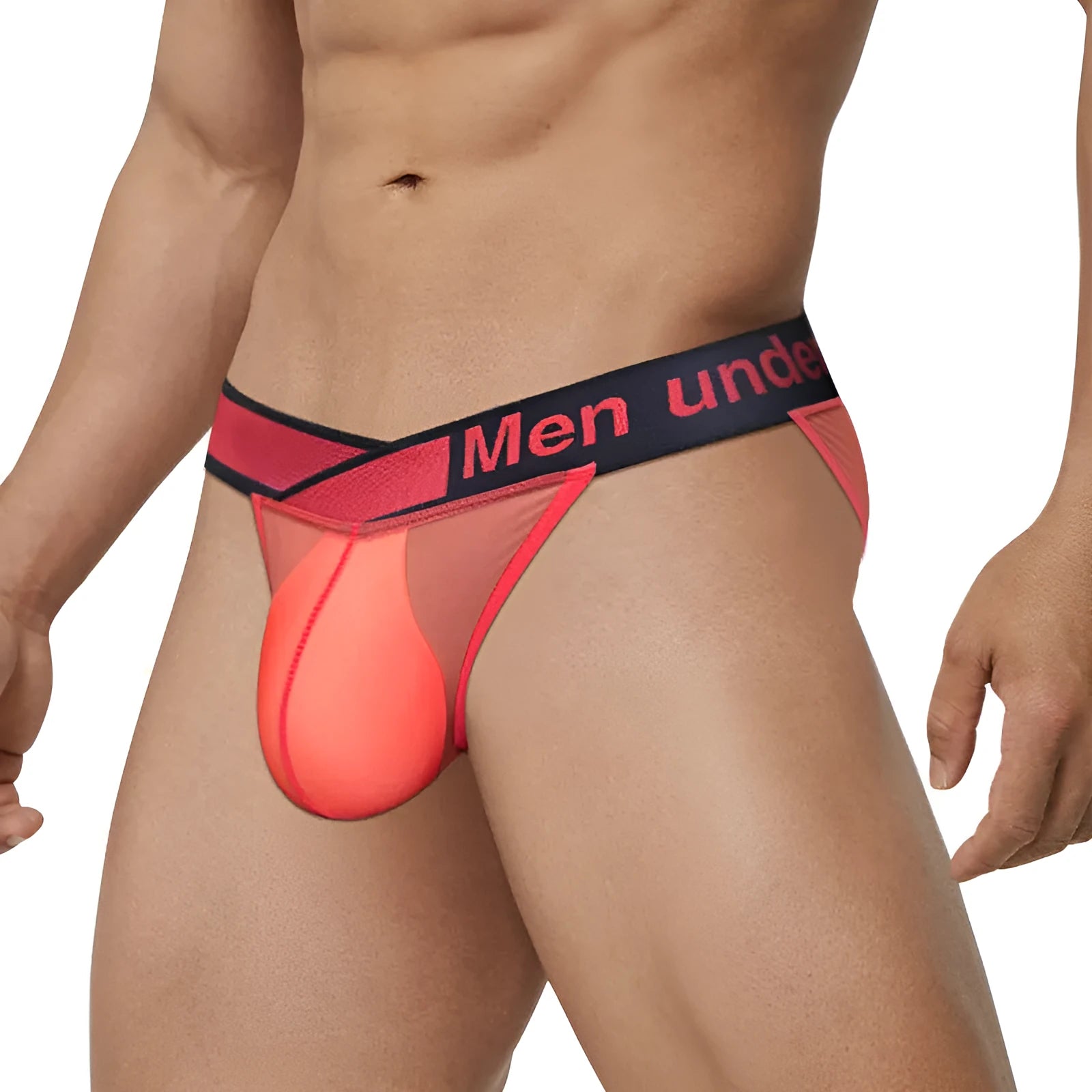 Men's transparent ice silk nylon briefs with large V gradient design in black red white colours