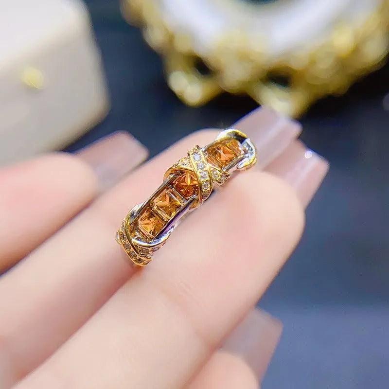 Natural citrine ring for women 925 silver adjustable opening 3x3mm gemstone on white background