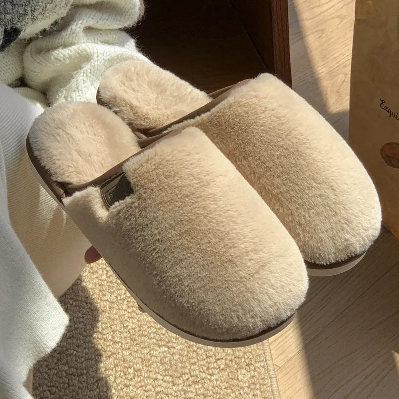 Unisex solid colour plush slippers with non-slip PVC soles and car stitching detail