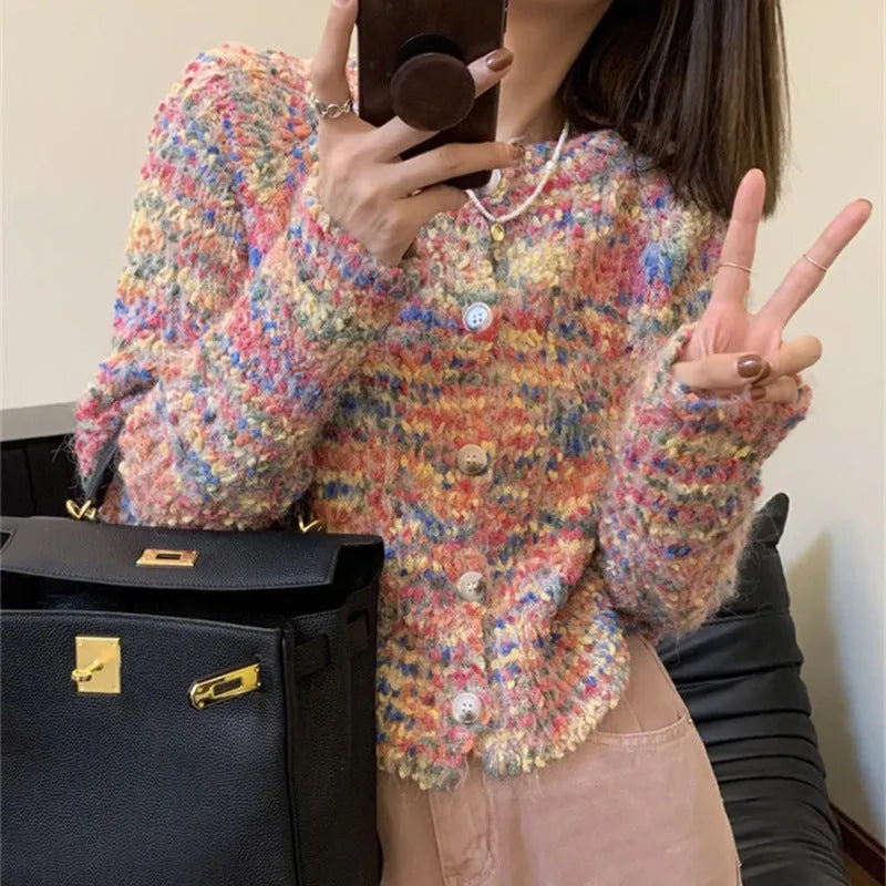Retro rainbow knitted cardigan sweater in pink and green colours with slim fit free size