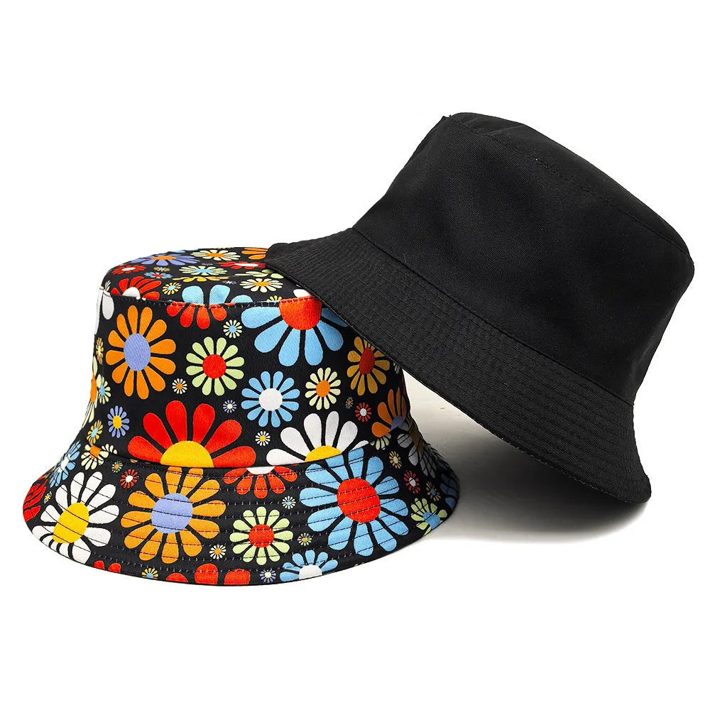 Colourful floral pattern polyester bucket hat with dome crown in medium size