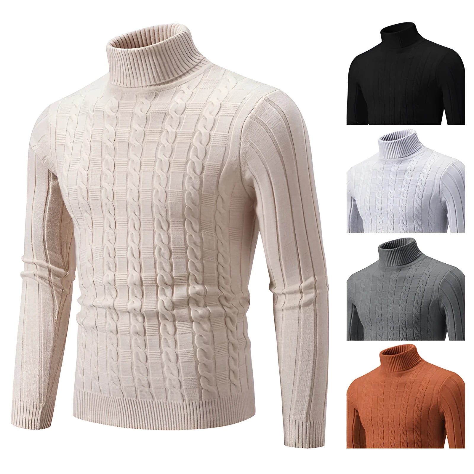 Men's slim twist turtleneck pullover in chenille fabric shown in milky white colour