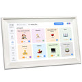 White 15.6 inch smart digital photo frame showing family photos on Full HD screen