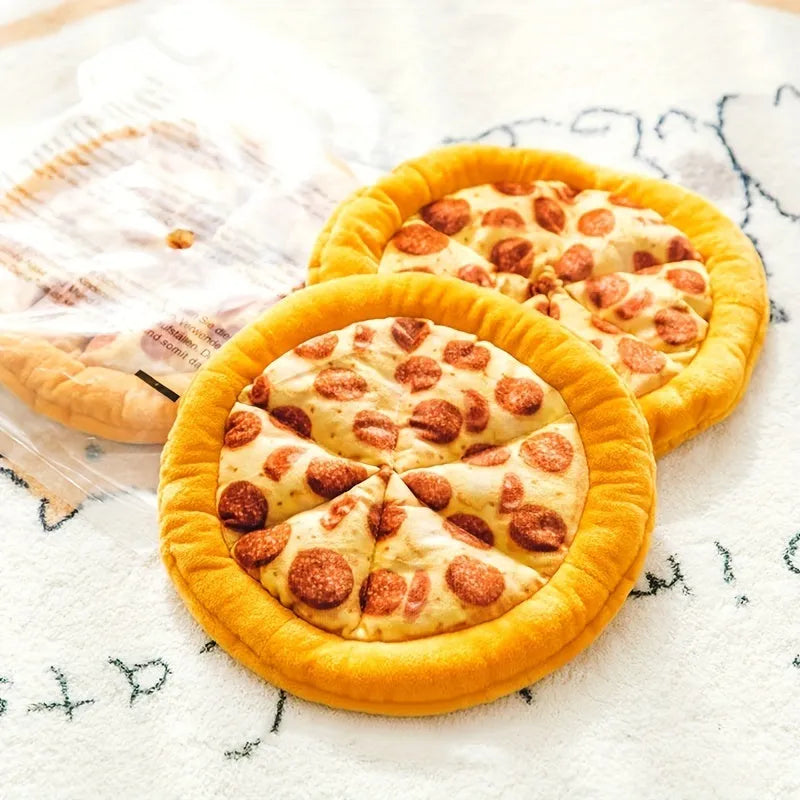 Yellow pizza design dog chewing toy with pepperoni and cheese details, 4 inches diameter