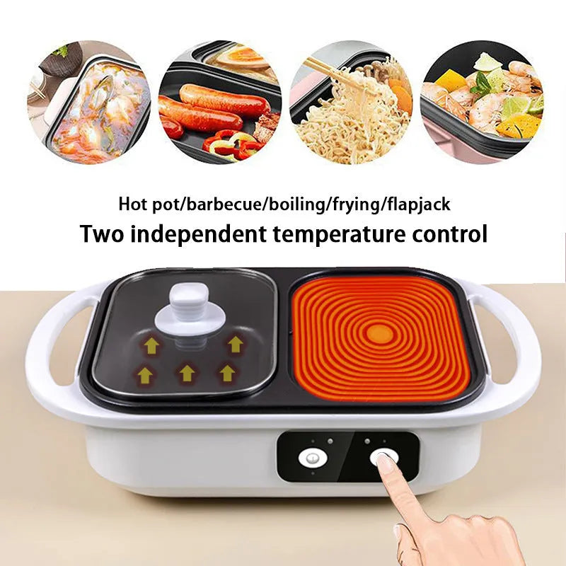 Green and white dual-use electric hot pot and frying oven appliance on a kitchen counter.