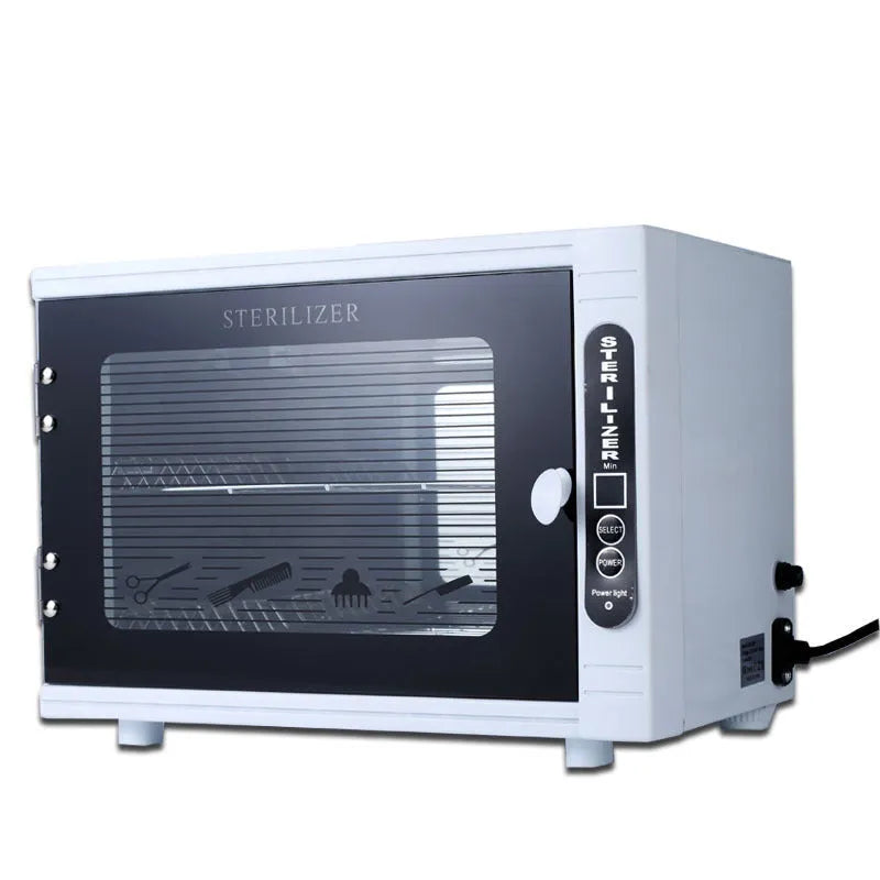 Small silver ultraviolet steriliser for nail salon and barber tools with stainless steel interior