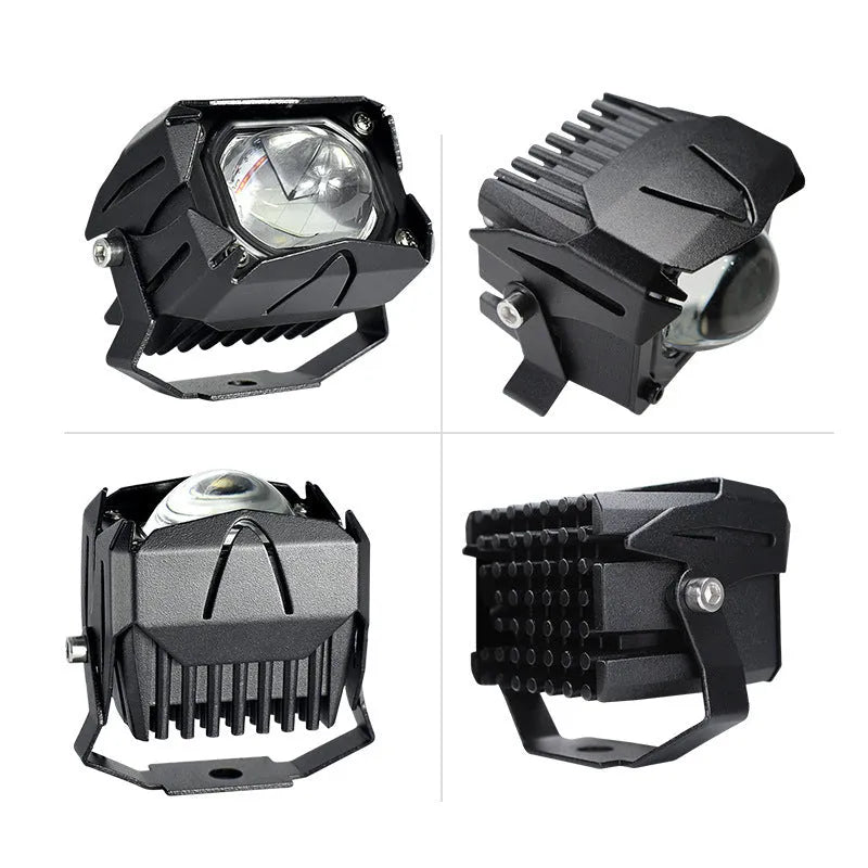 Black aluminium motorcycle spotlight with LED projection lens and dual-colour light output