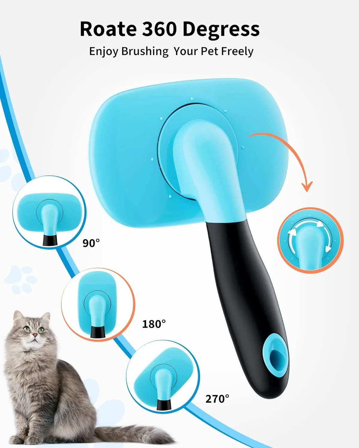 Rectangular pet grooming brush with stainless steel bristles and blue rubber handle on white background