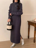 Half turtleneck acrylic knit dress in beige with high waist and midi length for office wear