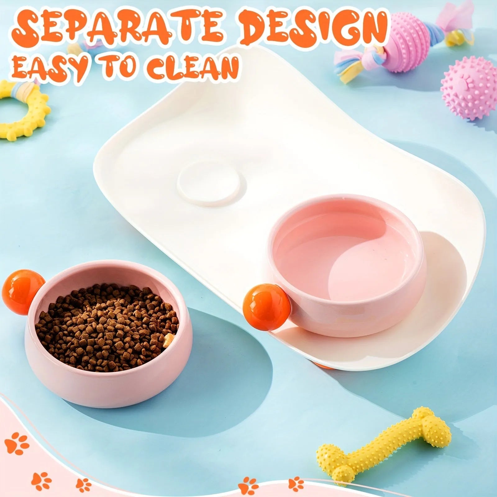 Ceramic raised pet feeder with two bowls in a pink yellow colour on a non-slip base.