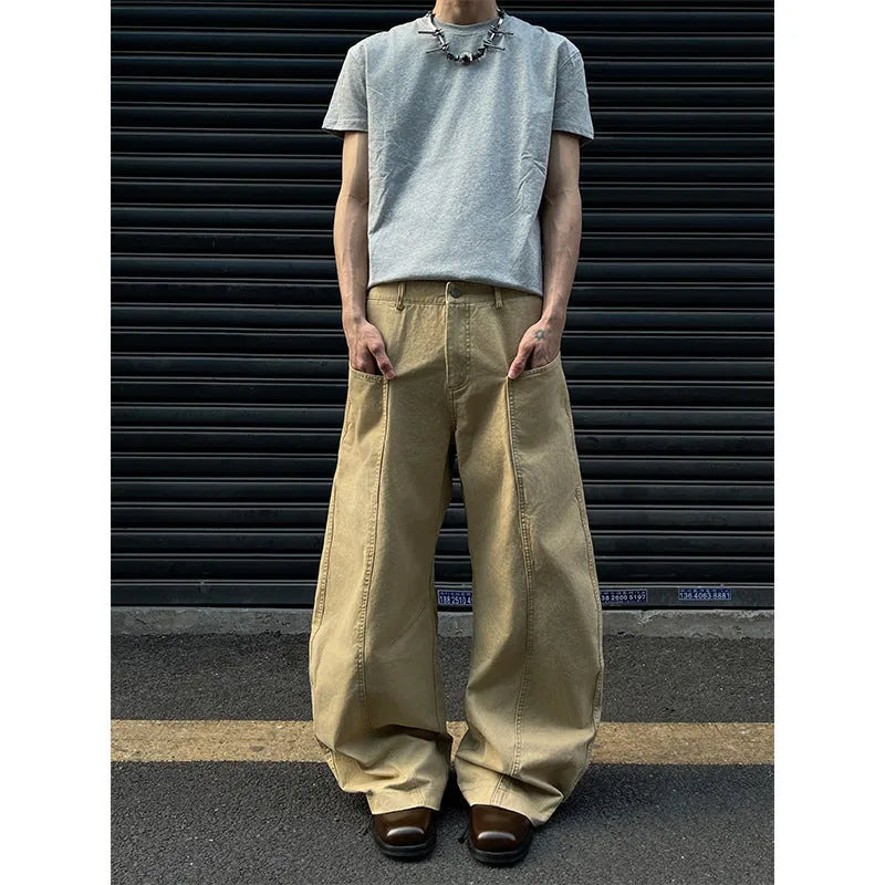 American retro solid colour khaki straight pants for men on plain background