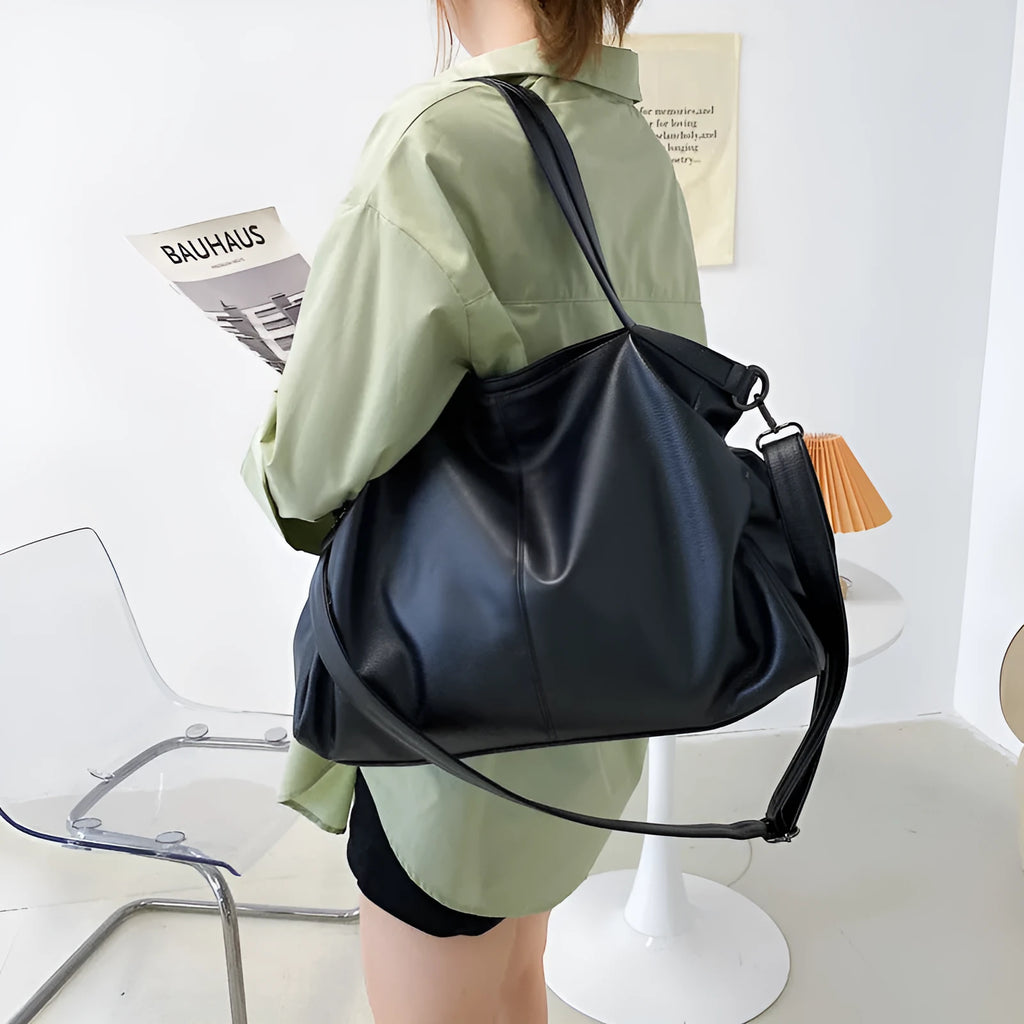 Large soft surface PU messenger tote bag in black with shoulder strap and zipper