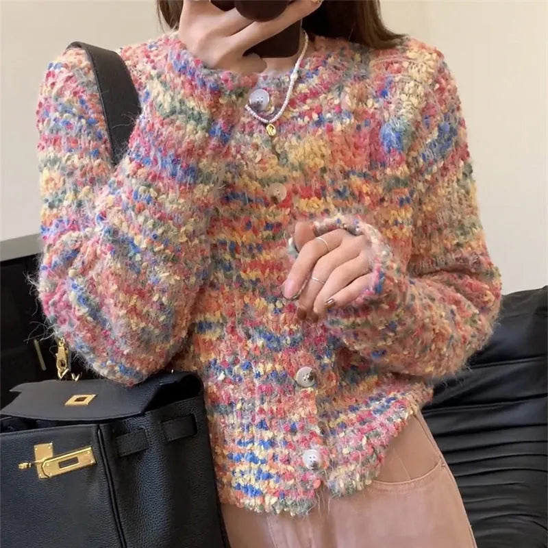 Retro rainbow knitted cardigan sweater in pink and green colours with slim fit free size