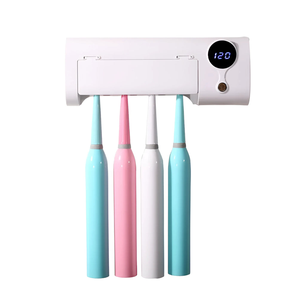 White wall-mounted smart UV toothbrush steriliser and holder with USB charging port.