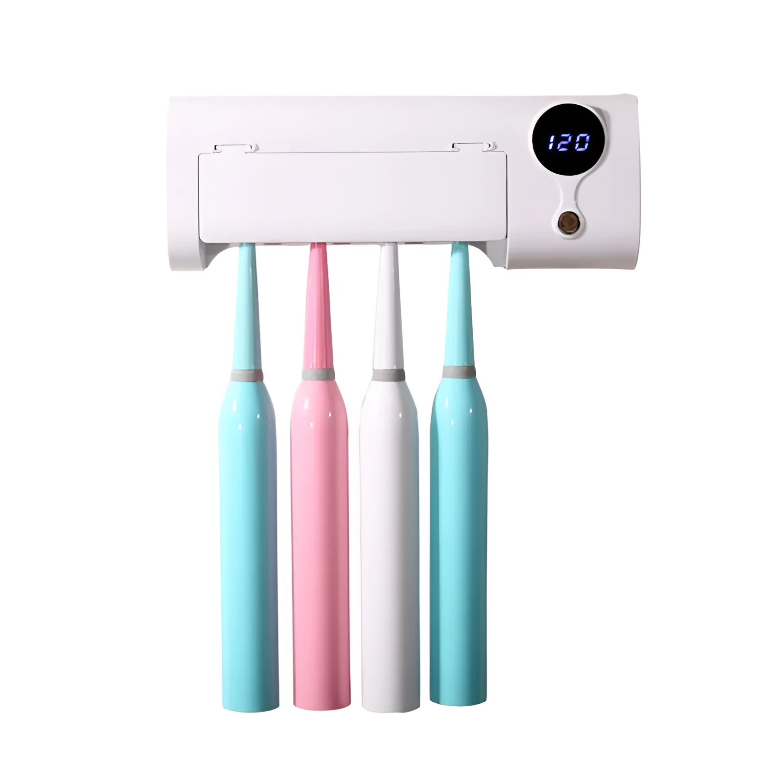 White wall-mounted smart UV toothbrush steriliser and holder with USB charging port.