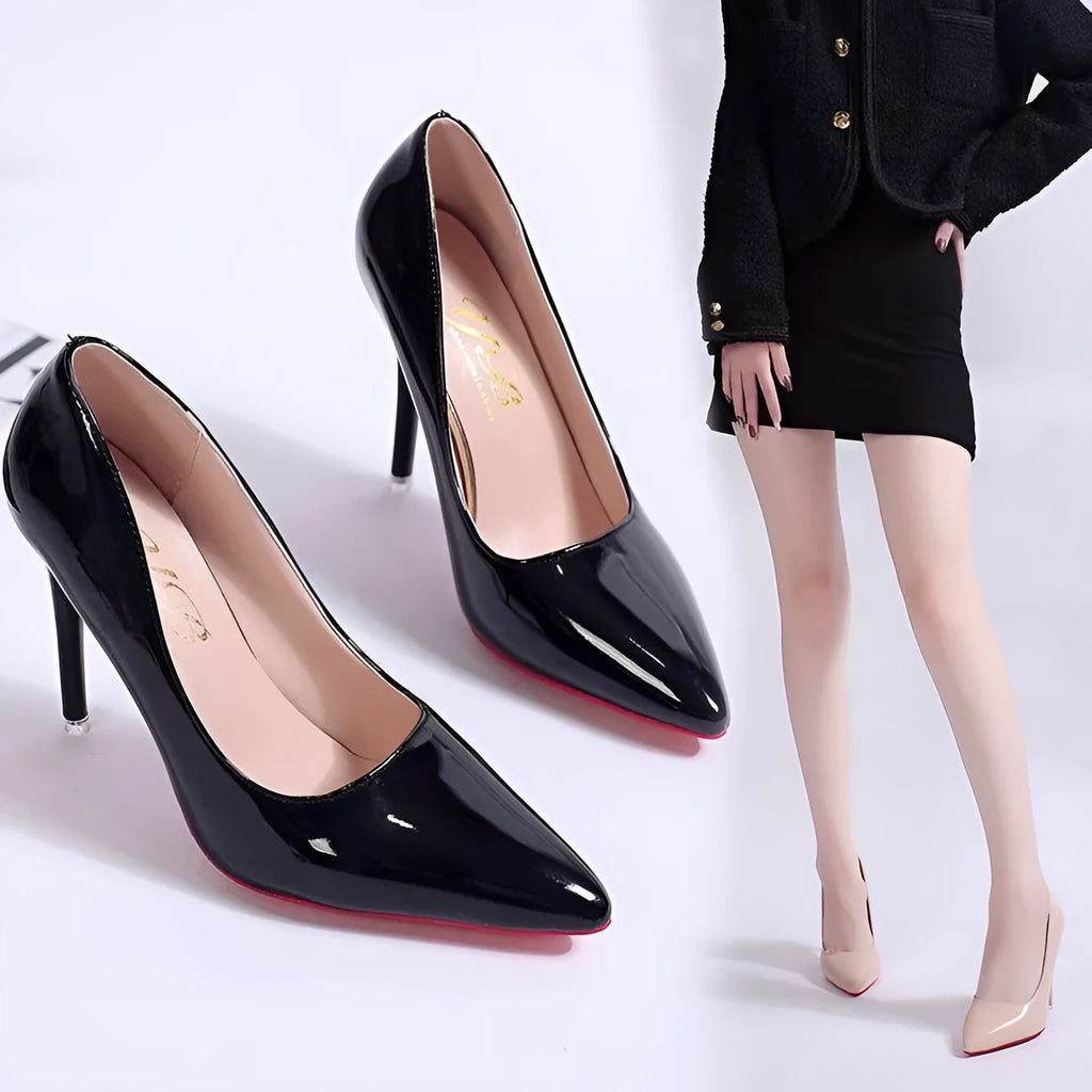 Women's solid colour pointed toe pumps with a stiletto heel and shallow cut, shown in multiple colour options.