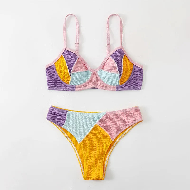 Ladies backpack stitching steel bracket push up bikini set in splicing colour, front view on model