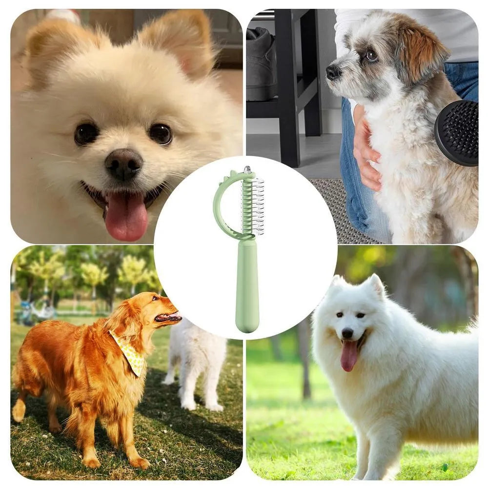 Self-cleaning slicker cat brush with dinosaur shape, double-sided for shedding and dematting, blue green white options