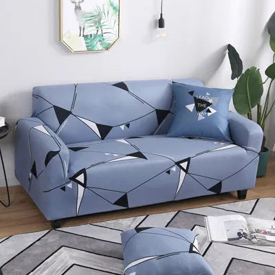 Geometric abstract printed stretchable sofa slipcover on a double seat sofa, polyester and spandex, modern simplicity style