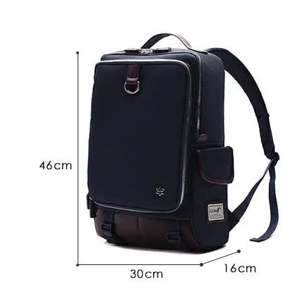 Men's modern Oxford cloth backpack in army green colour, showing its large 30x16x46cm capacity and Korean-style design.