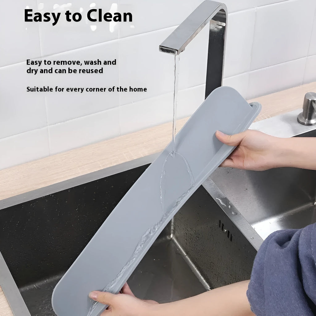 Silicone kitchen sink water blocking plate splash guard in black, blue, or grey colour.