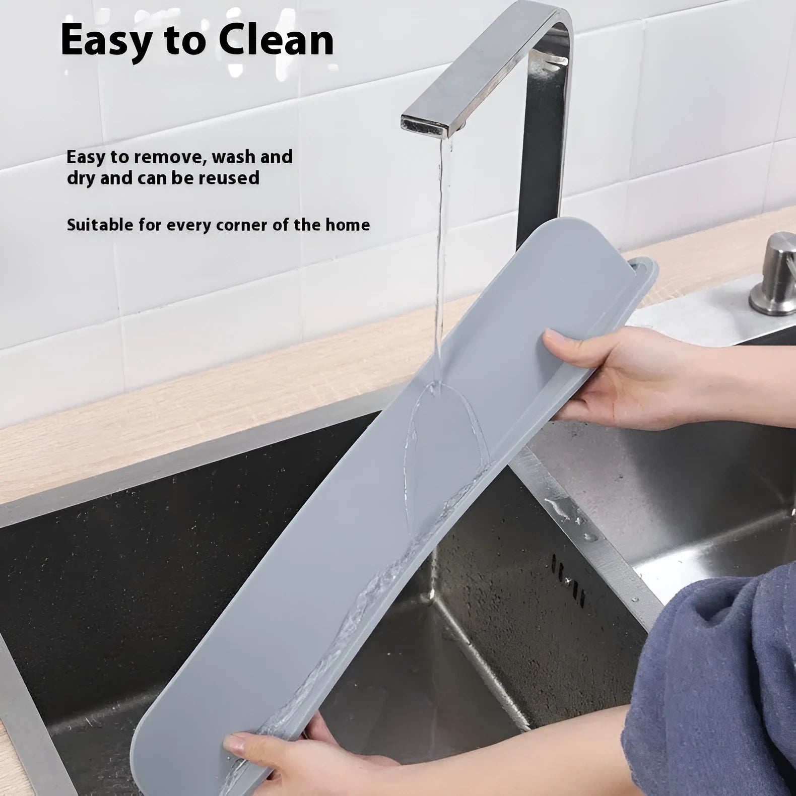 Silicone kitchen sink water blocking plate splash guard in black, blue, or grey colour.
