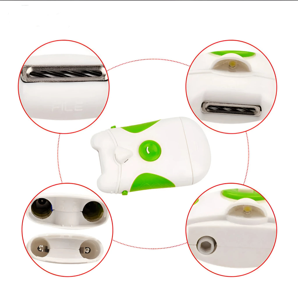 Green electric nail trimmer and file, ABS construction, 17x21.5x6.5cm