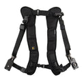 Black professional dual SLR camera harness with shoulder padding shown on a person.