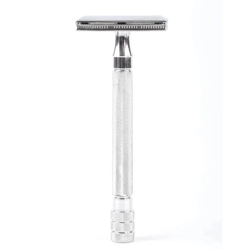 Traditional manual shaving kit with metal straight razor and shaving brush in black or silver handle options