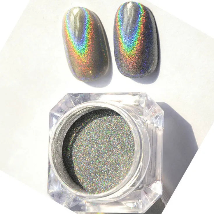 Container of silver nail rainbow powder laser mirror powder for chrome effect manicure