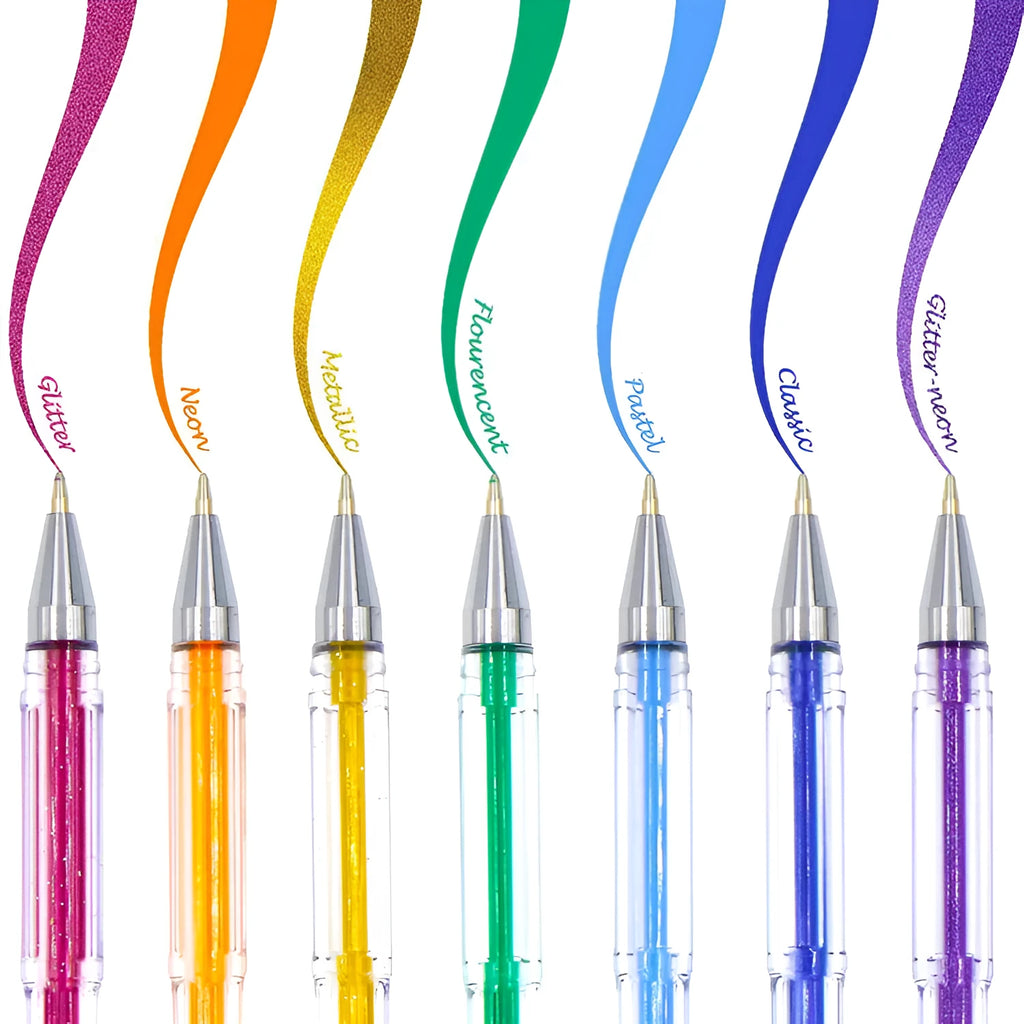 100 gel pens in multiple colours showing 0.5mm and 1mm tips with plastic barrels