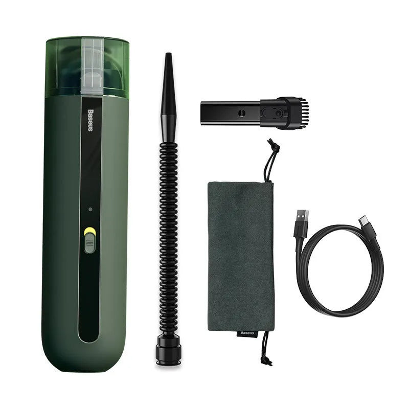 BASEUS wireless handheld car vacuum cleaner in black on a car seat, showing compact size and nozzle attachment.