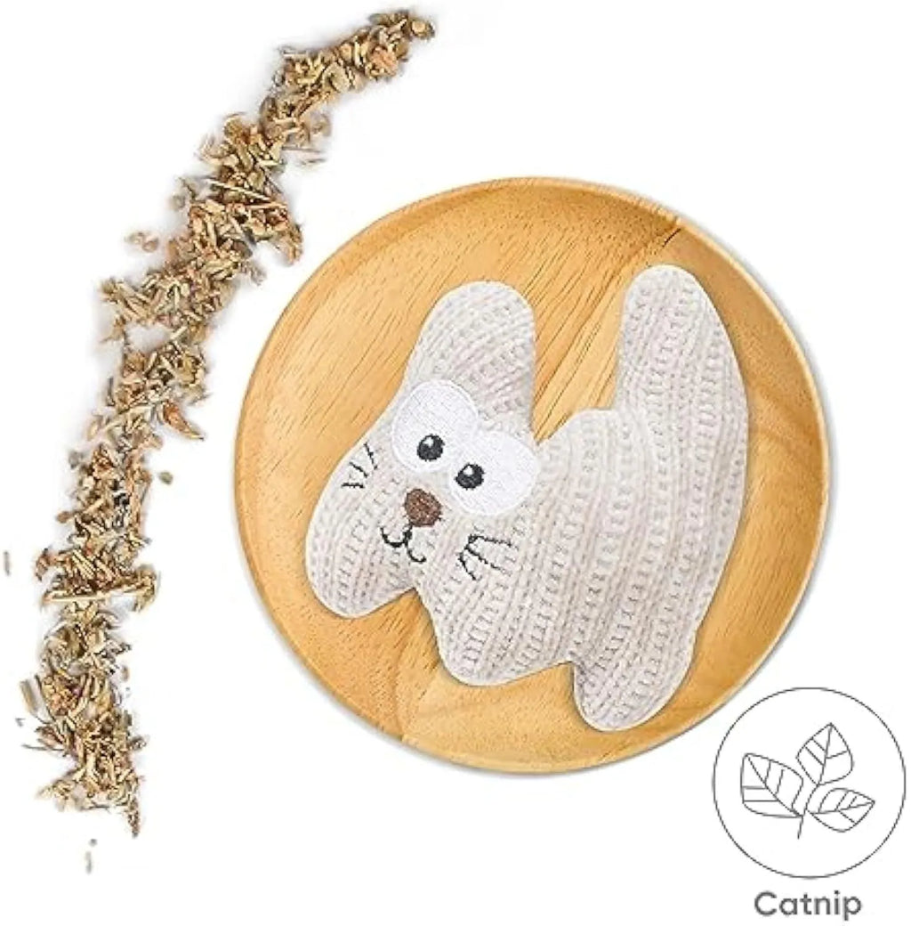 Cyan plush cat toy with rope details and a bell, shown next to a light coffee colour option.