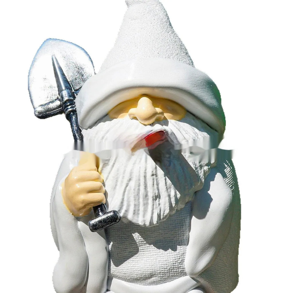Resin Christmas ornament depicting pipe dwarf with smoking shovel accessory for festive decoration