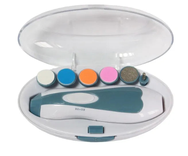 Ultra-quiet electric baby nail polisher in pink, showing compact design with button.