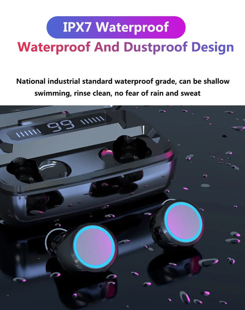 Black M11 style wireless Bluetooth headset with digital display and IPX7 waterproof rating.