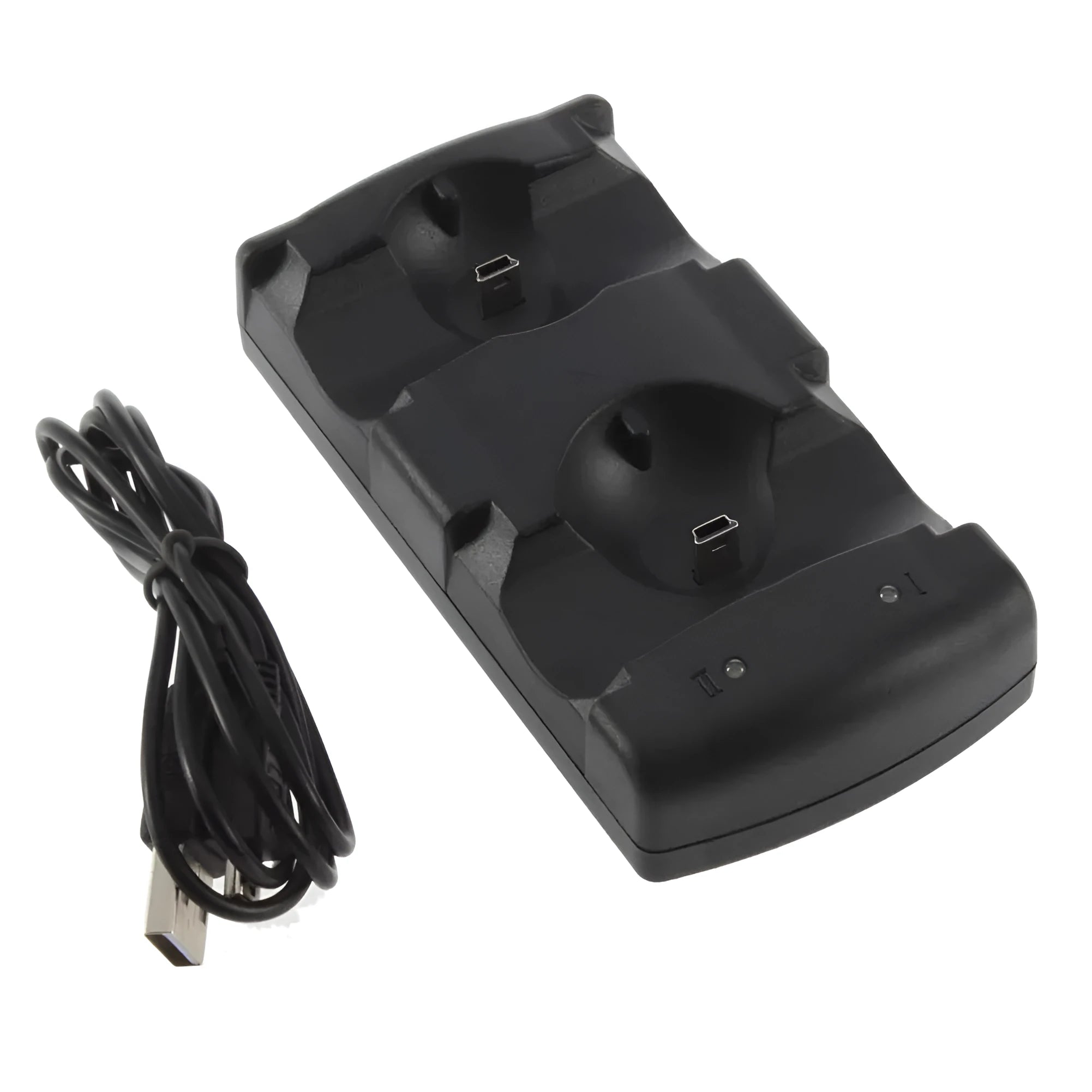 Black PS3 dual controller charging dock with USB cable, showing space for two wireless controllers.