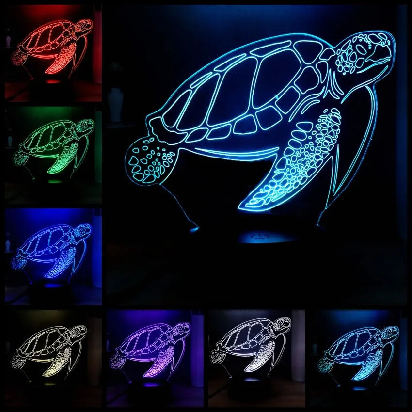 3D acrylic turtle LED night light showing colour-changing illumination and remote control