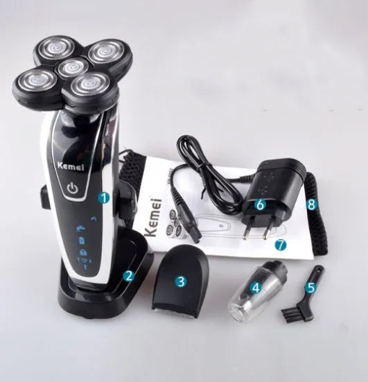 Smart rechargeable razor with ABS body, corner cutter head, nose hair trimmer, charging base, and carrying bag