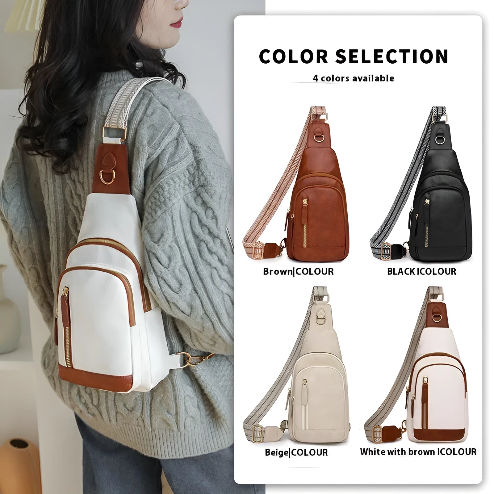 Soft PU women's crossbody bag in brown colour with open outer pocket and adjustable strap
