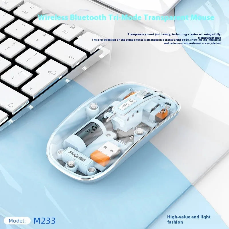 Transparent wireless computer mouse showing internal components with compact plastic design