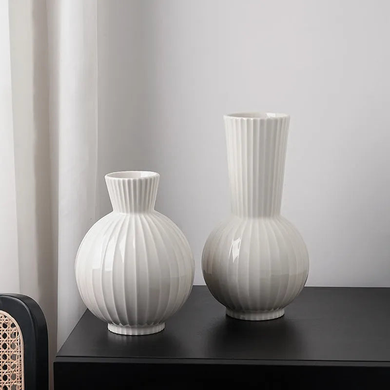 Ceramic ball striped vase in American country style with six design variations on wooden table