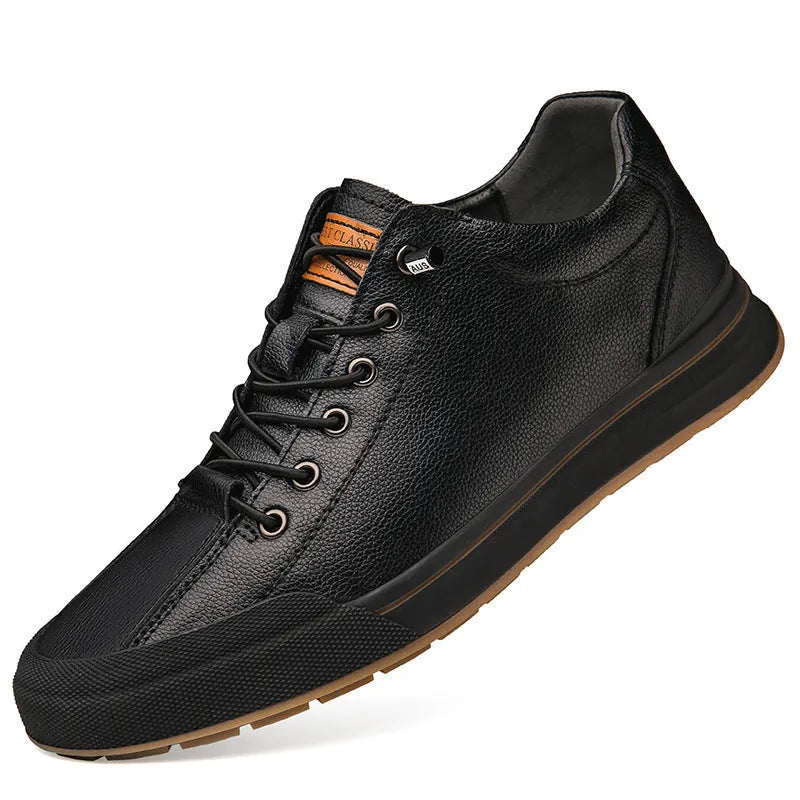 Men's white matte leather casual shoes with flat heel and round toe on a plain background