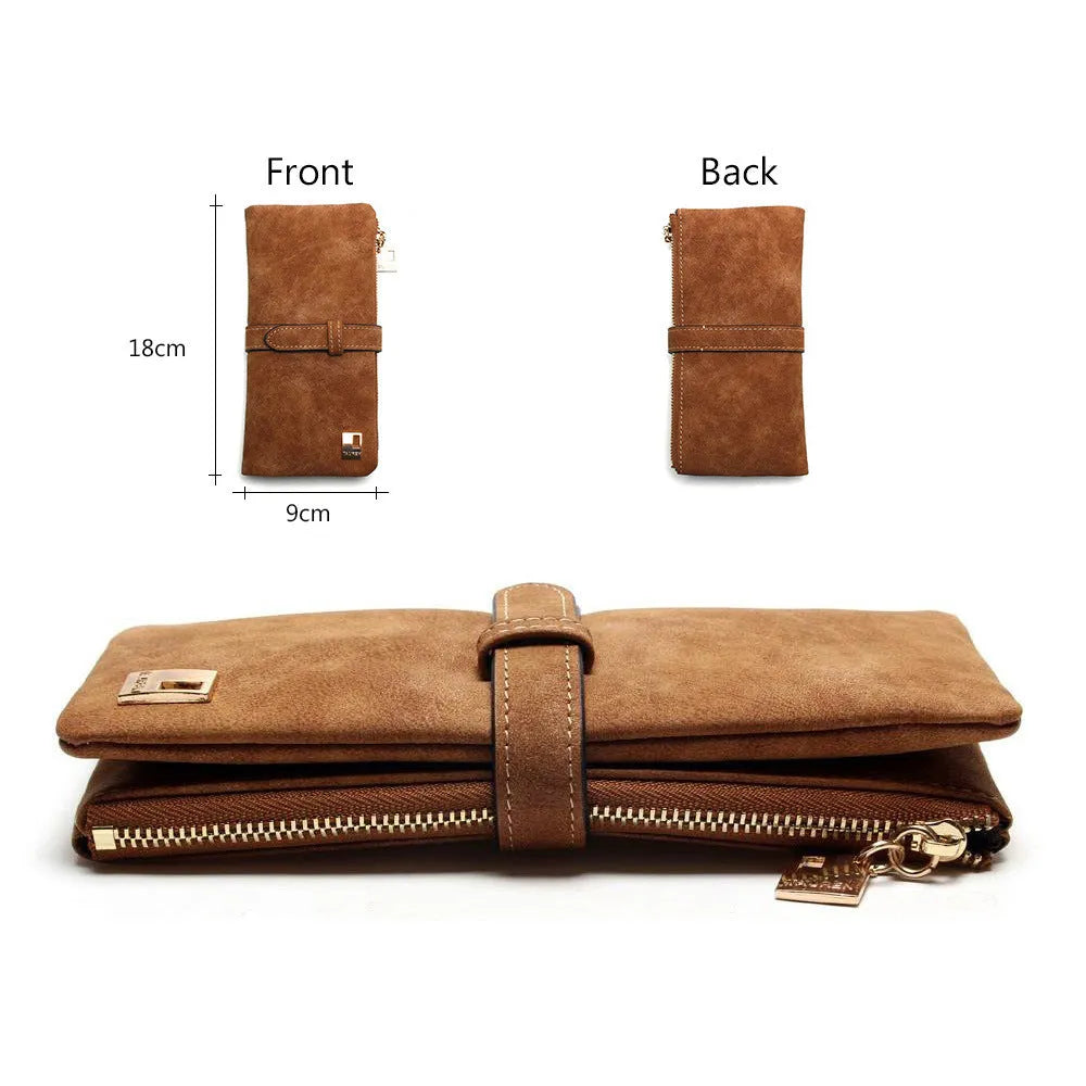 TAUREN brand retro matte PU leather long wallet for women showing two-fold design and multiple compartments