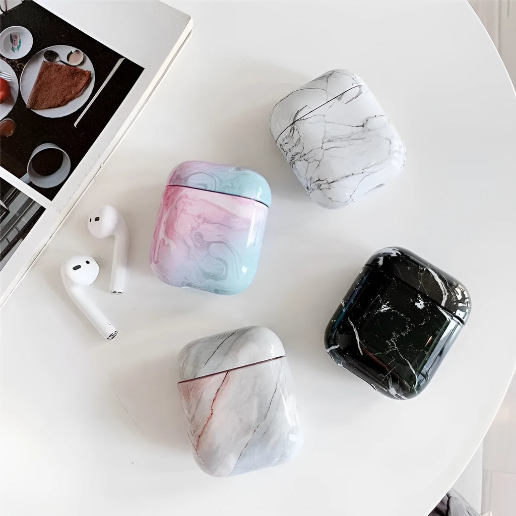 White Marble hard plastic protective case for Apple AirPods 1 and AirPods 2 wireless headset.
